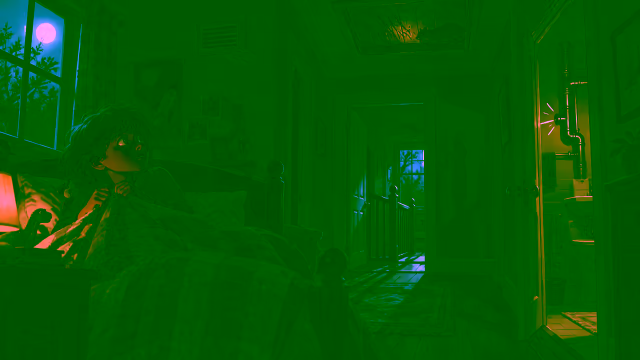 AI illustration of a child awake in a moonlit bedroom, looking toward a dark hallway while an attic animal and noisy bathroom pipes hint at ordinary causes behind frightening nighttime sounds.