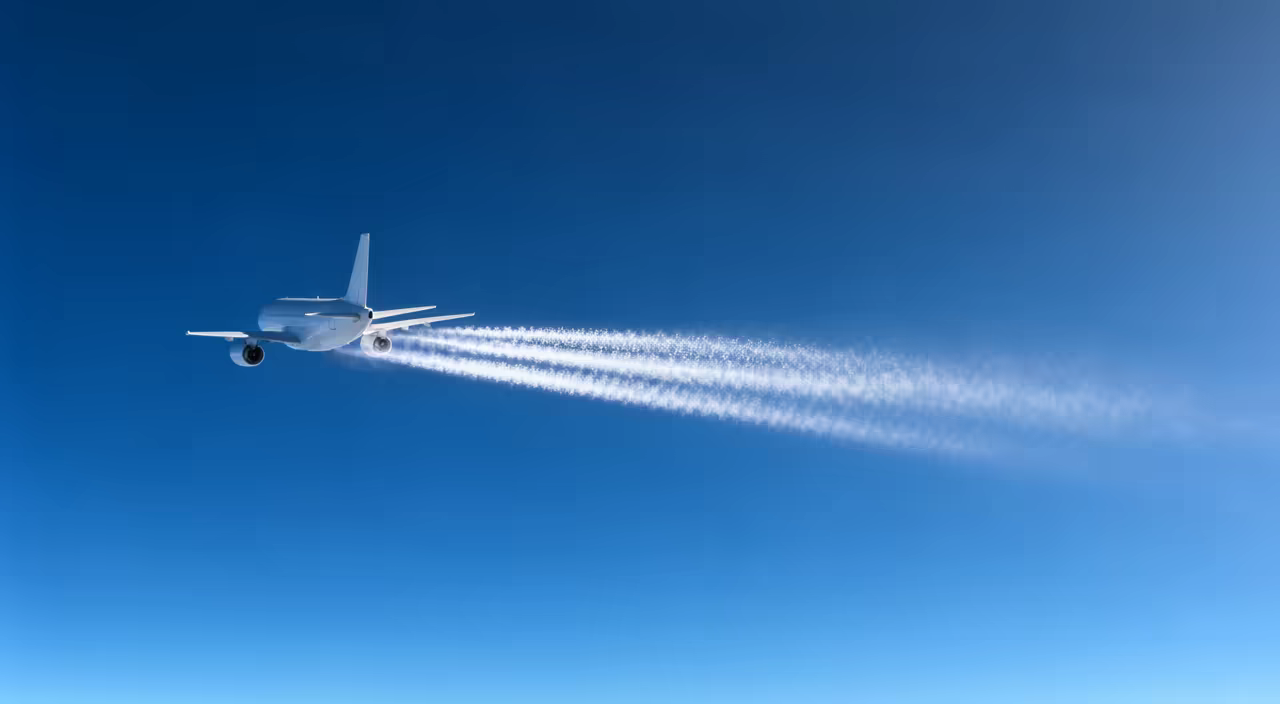 AI-generated illustration of a twin-engine passenger jet at cruise altitude, with white condensation trails forming behind the engines and spreading into a thin ice-cloud texture.