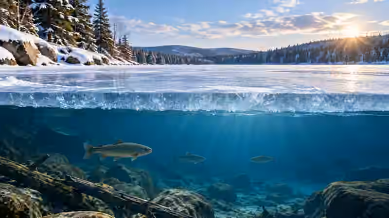 AI illustration showing a frozen freshwater lake in winter above a clear underwater view with fish and rocks beneath the surface ice.
