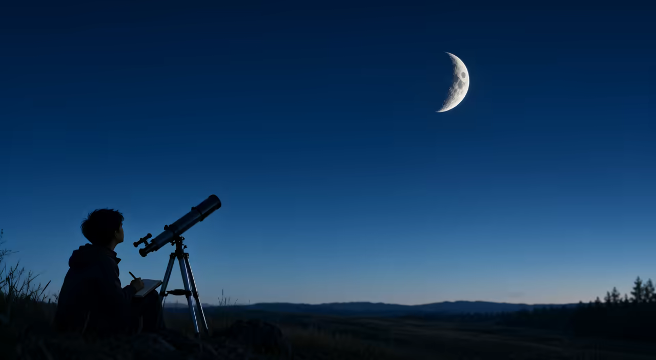 AI-generated illustration of a student observing a waxing crescent Moon beside a telescope at dusk while recording notes.